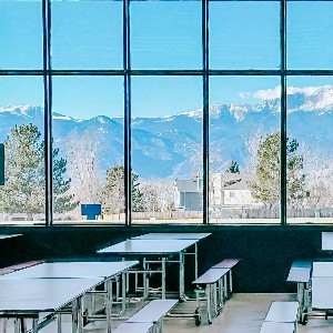 The LHS lunchroom with a panoramic view of Pikes Peak.